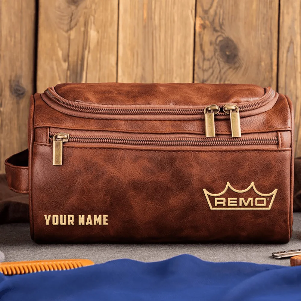 Remo Drums Exclusive Logo - Personalized Leather Toiletry Bag QTDR210425A1RMO - Dark Brown
