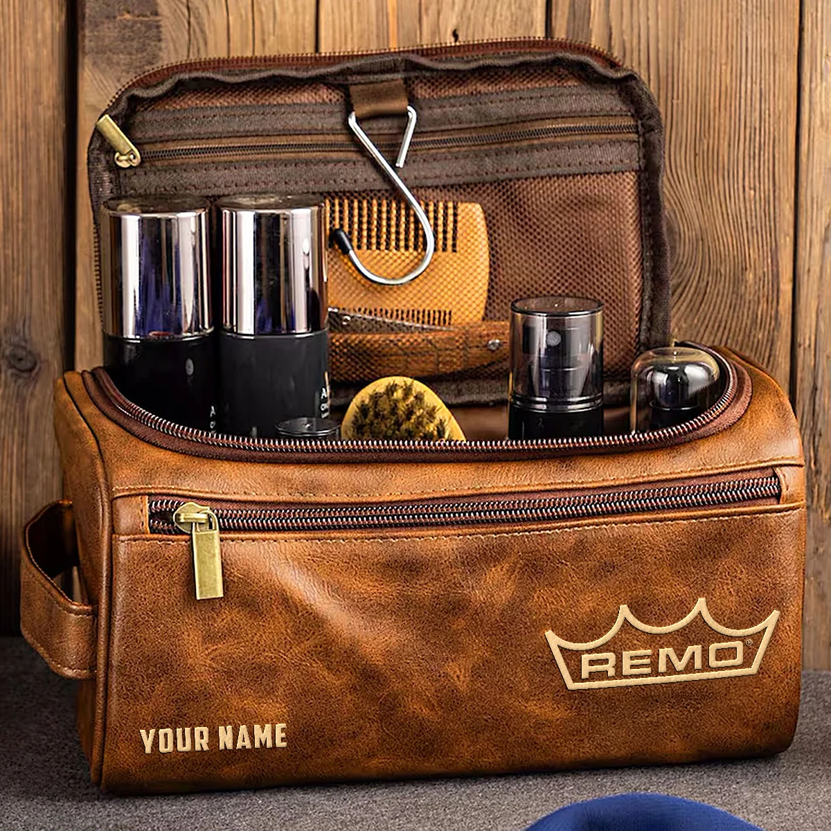 Remo Drums Exclusive Logo - Personalized Leather Toiletry Bag QTDR210425A1RMO - Dark Brown