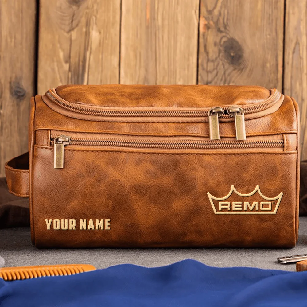 Remo Drums Exclusive Logo - Personalized Leather Toiletry Bag QTDR210425A1RMO - Light Brown