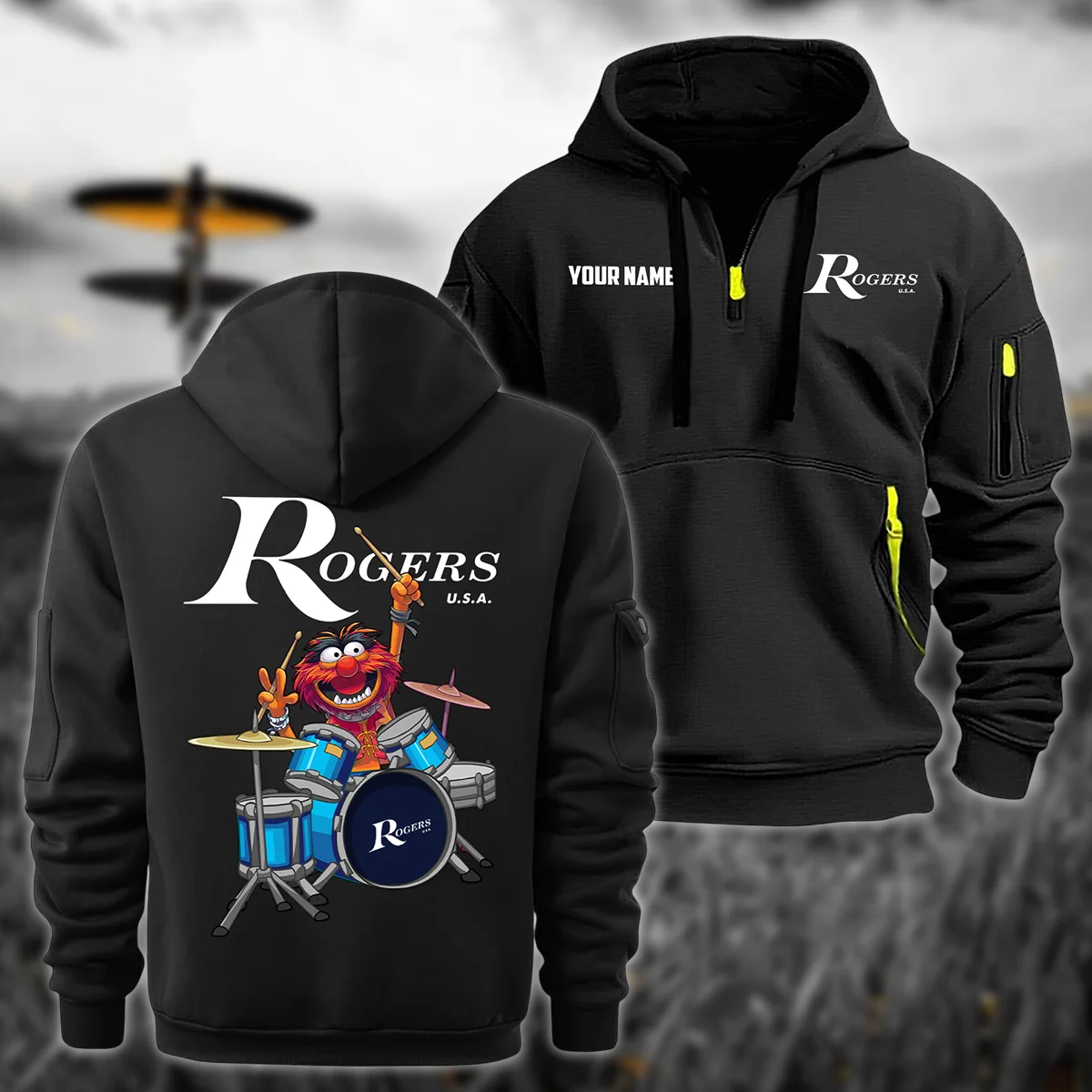 Rogers Drums Exclusive Logo - Personalized Hoodie Half Zipper QTDR210425A4RGS - Black
