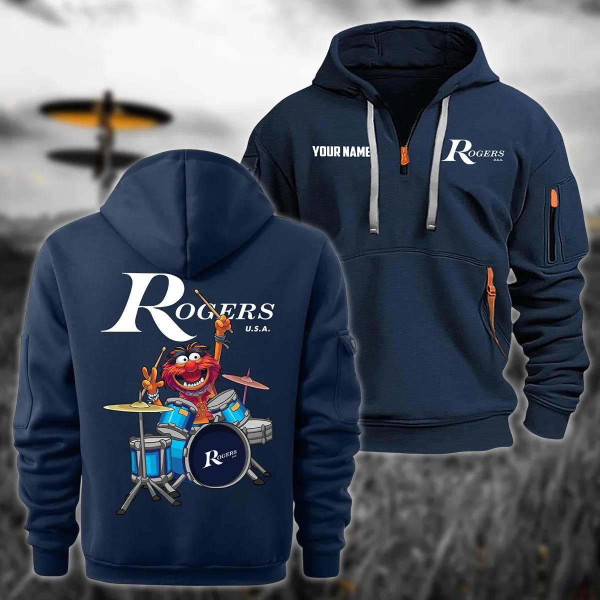 Rogers Drums Exclusive Logo - Personalized Hoodie Half Zipper QTDR210425A4RGS - Navy