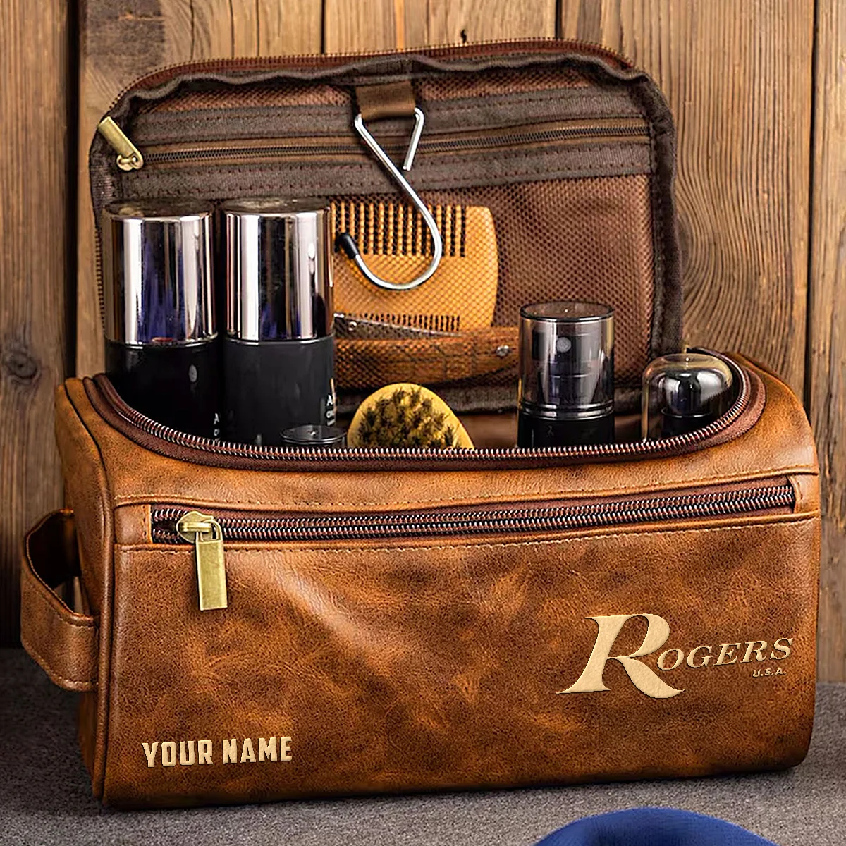 Rogers Drums Exclusive Logo - Personalized Leather Toiletry Bag QTDR210425A1RGS - Black