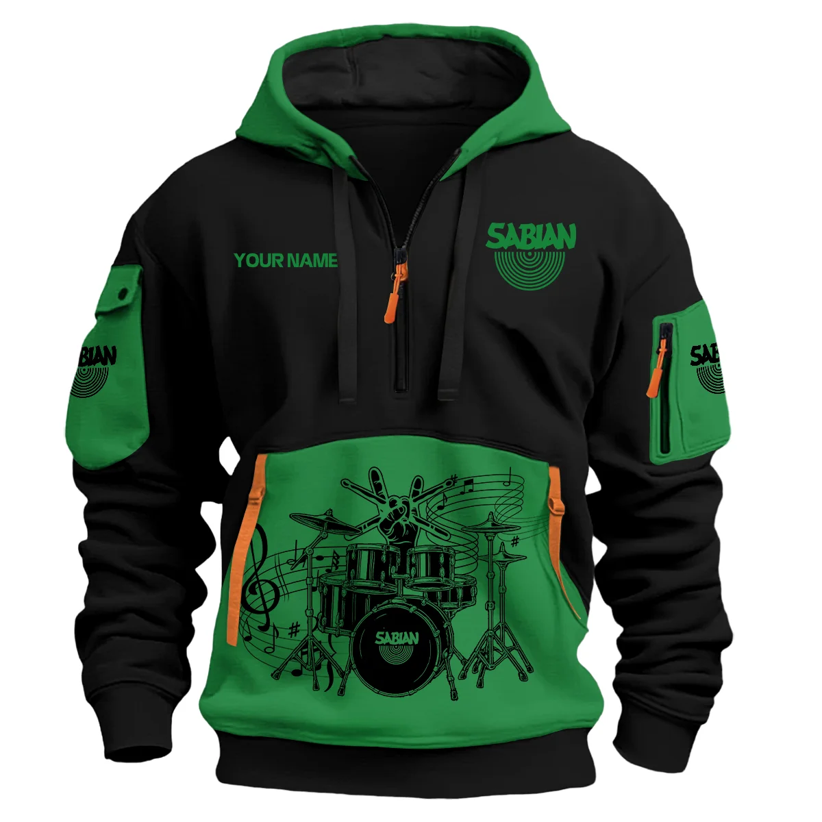 Sabian Drums Exclusive Logo - Personalized Hoodie Half Zipper QTDRU260425A1SBN - Green