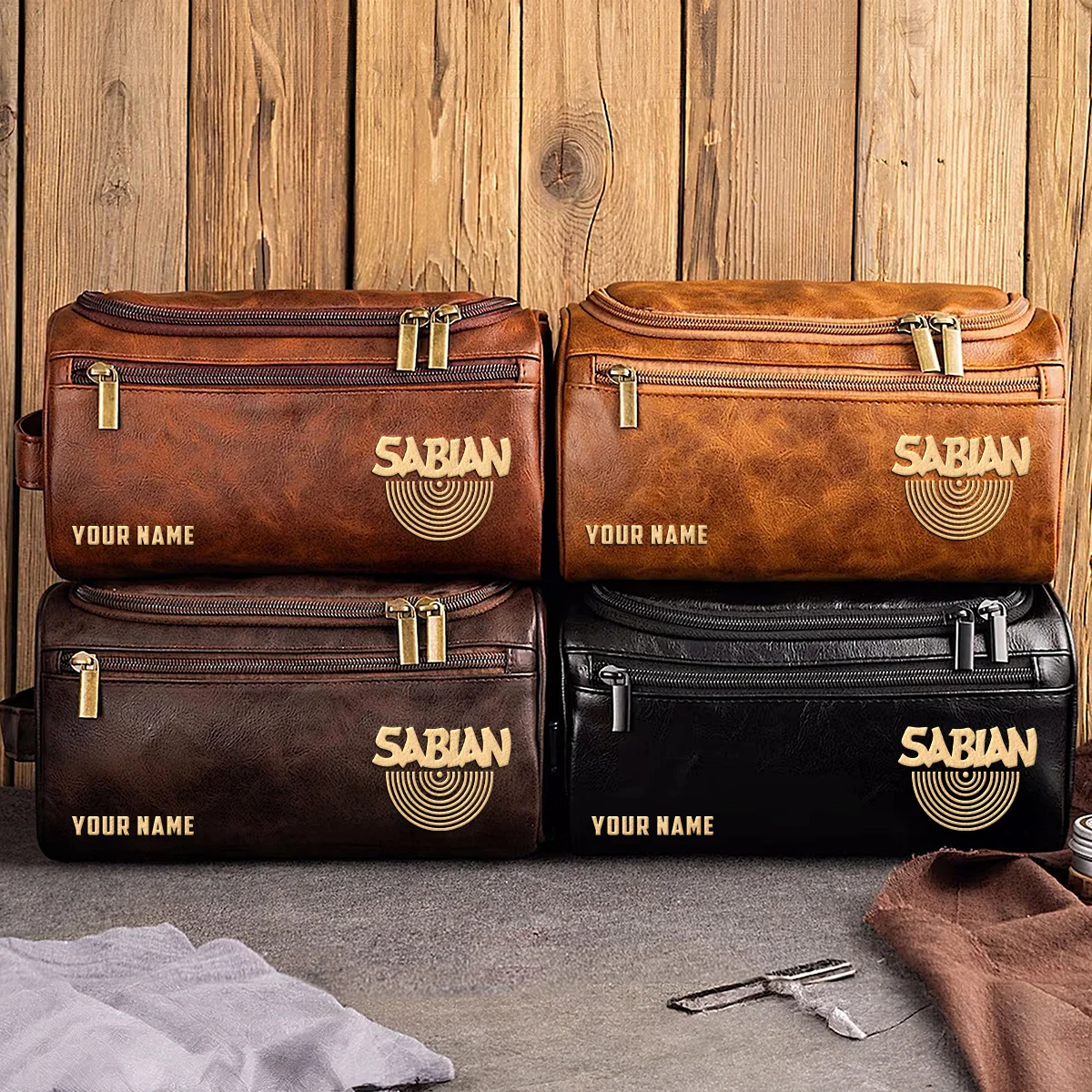 Sabian Drums Exclusive Logo - Personalized Leather Toiletry Bag QTDR210425A1SBN - Light Brown