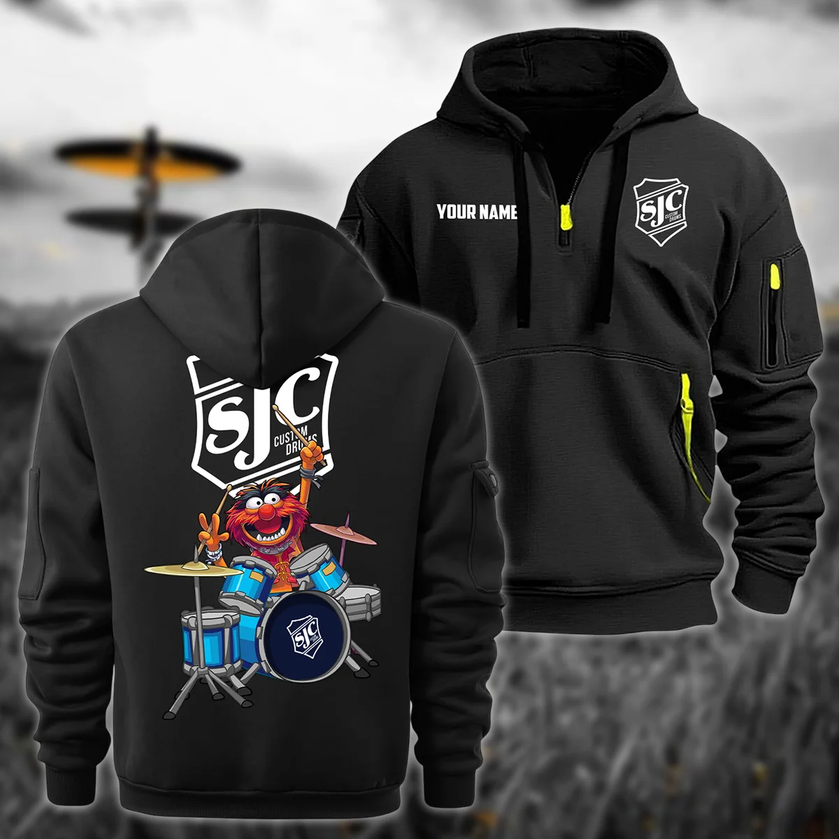 SJC Custom Drums Exclusive Logo - Personalized Hoodie Half Zipper QTDR210425A4SJC - Black