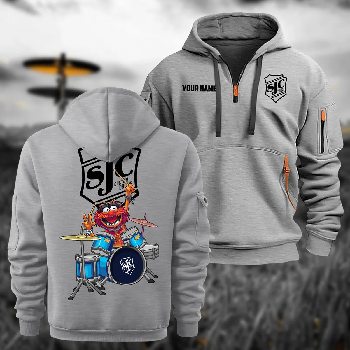SJC Custom Drums Exclusive Logo - Personalized Hoodie Half Zipper QTDR210425A4SJC - Gray