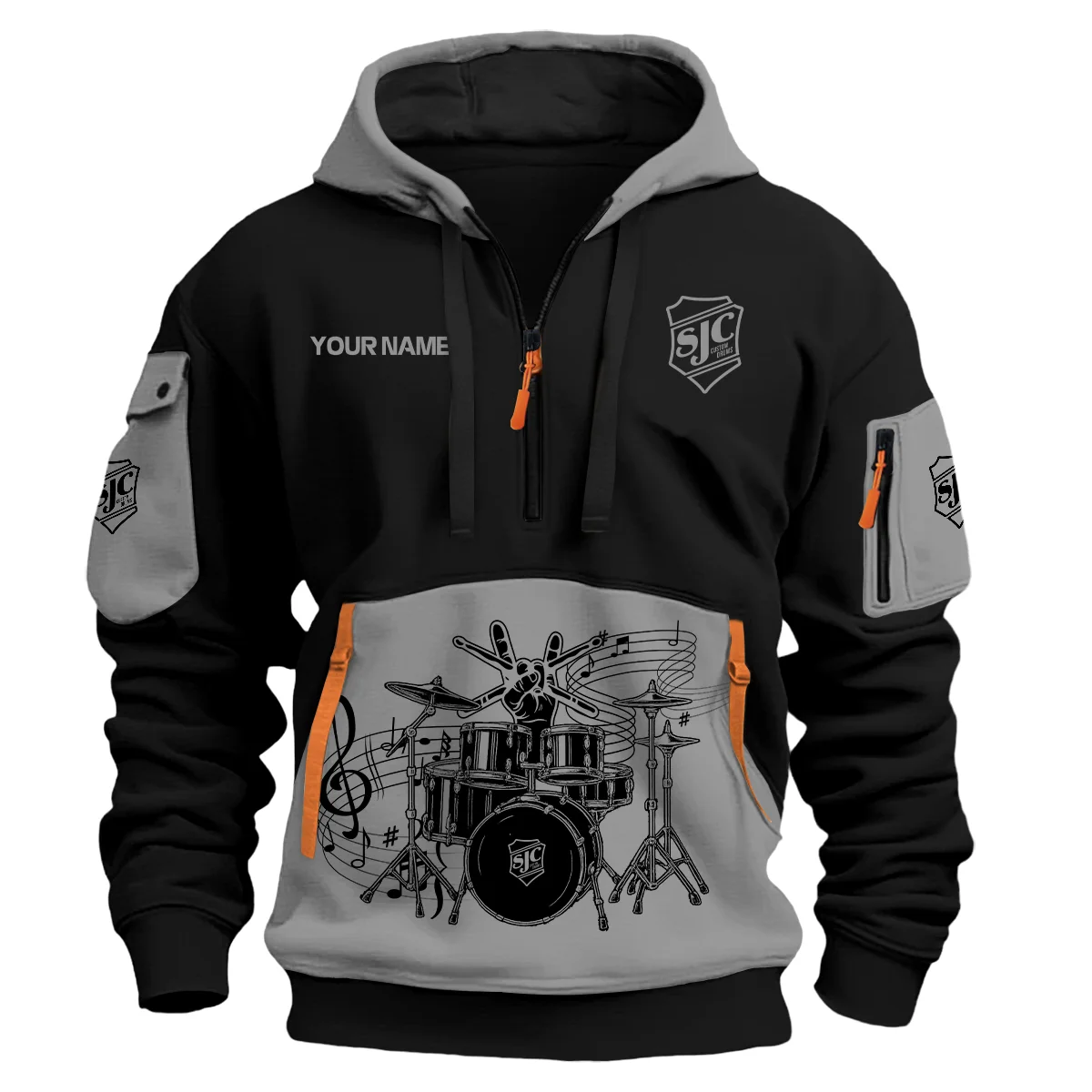 SJC Custom Drums Exclusive Logo - Personalized Hoodie Half Zipper QTDRU260425A1SJC - Gray