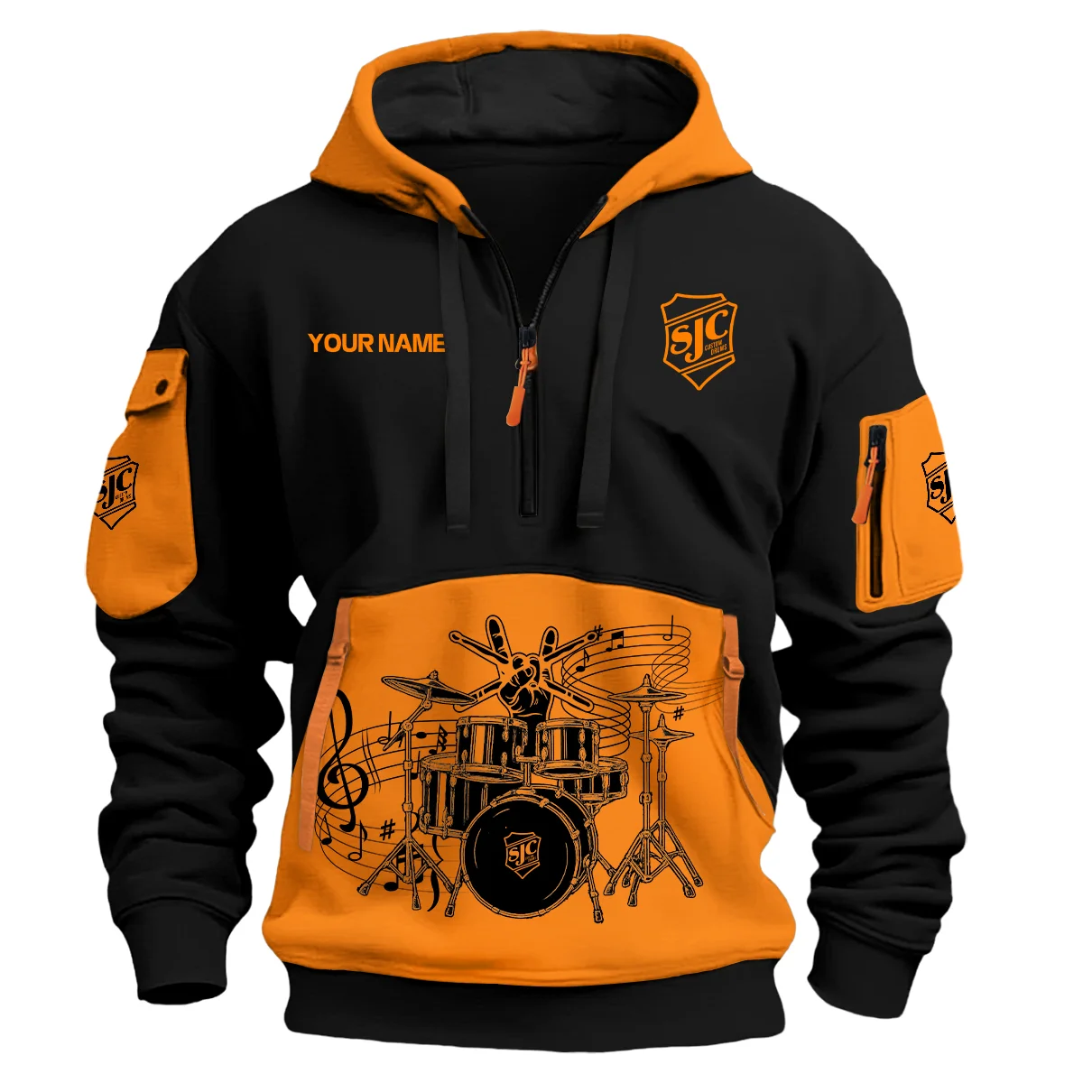 SJC Custom Drums Exclusive Logo - Personalized Hoodie Half Zipper QTDRU260425A1SJC - Orange