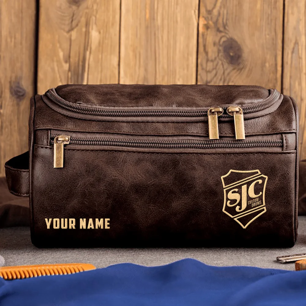 SJC Custom Drums Exclusive Logo - Personalized Leather Toiletry Bag QTDR210425A1SJC - Coffee