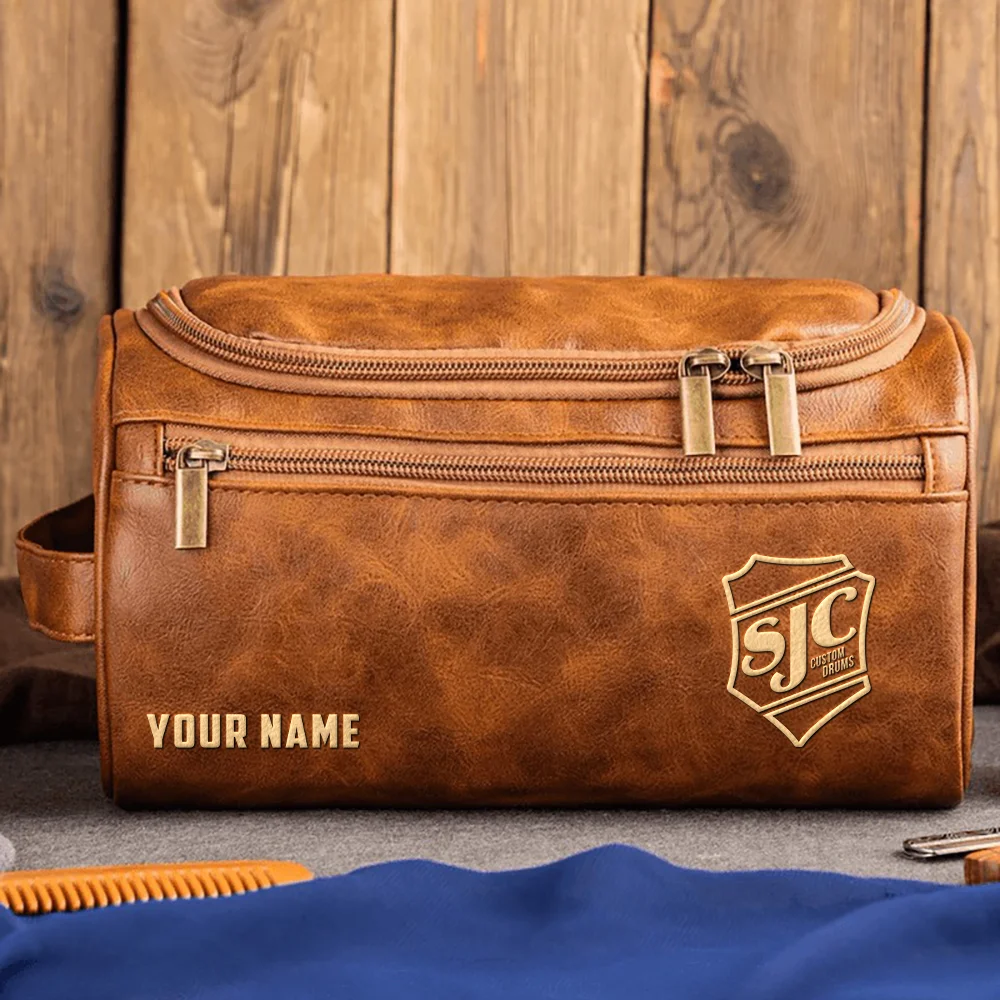 SJC Custom Drums Exclusive Logo - Personalized Leather Toiletry Bag QTDR210425A1SJC - Light Brown