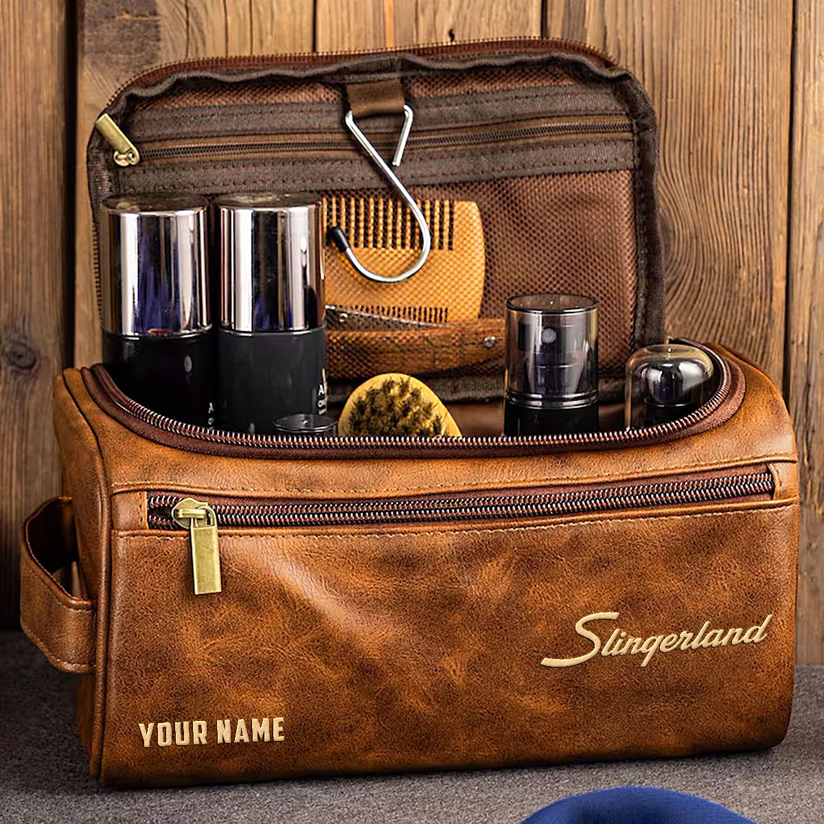 Slingerland Drums Exclusive Logo - Personalized Leather Toiletry Bag QTDR210425A1SLG - Dark Brown
