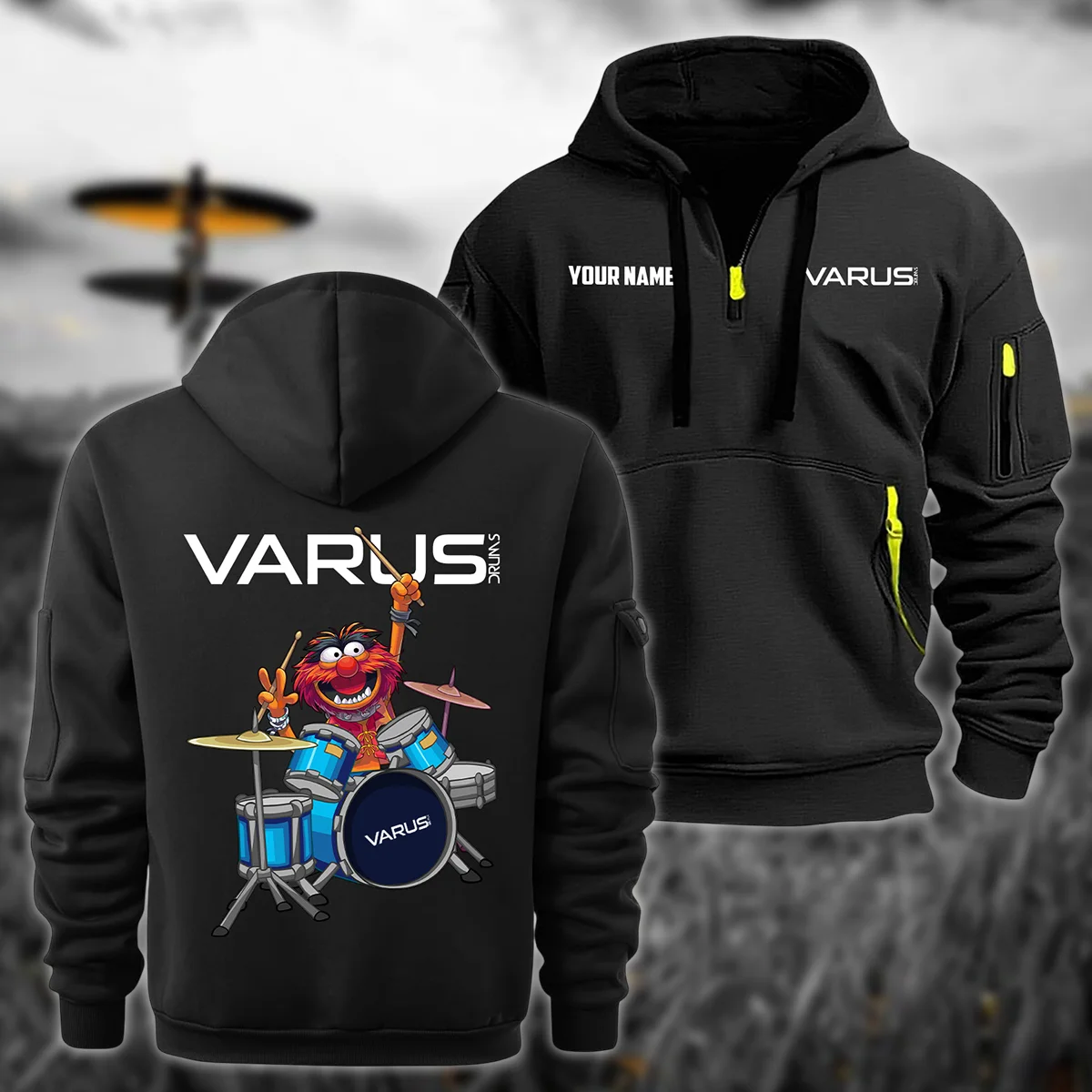 Varus Drums Exclusive Logo - Personalized Hoodie Half Zipper QTDR210425A4VRS - Black
