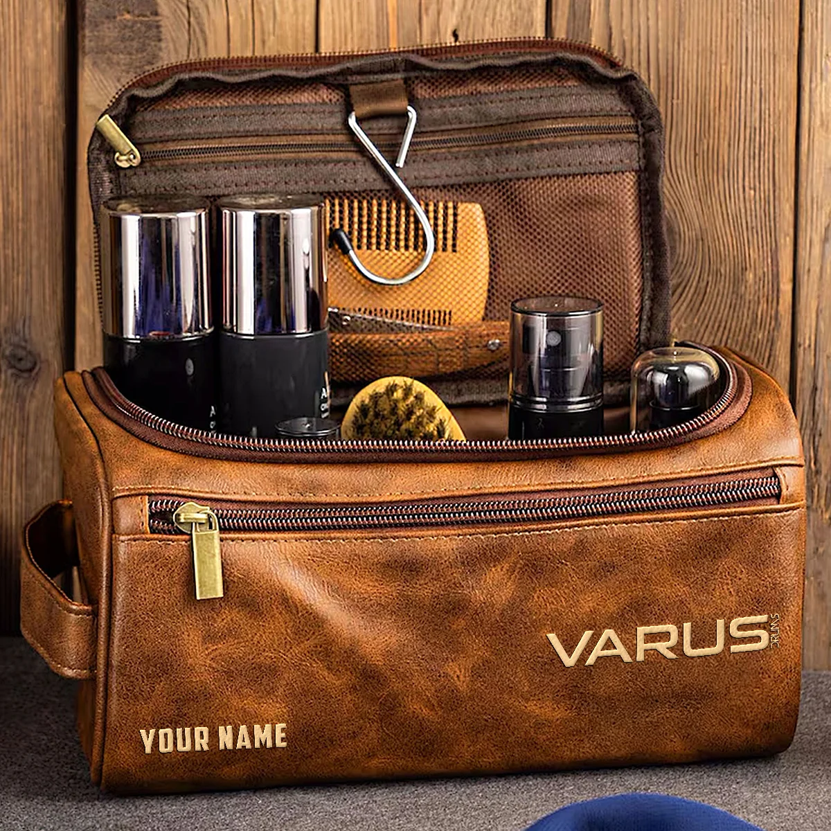 Varus Drums Exclusive Logo - Personalized Leather Toiletry Bag QTDR210425A1VRS - Dark Brown