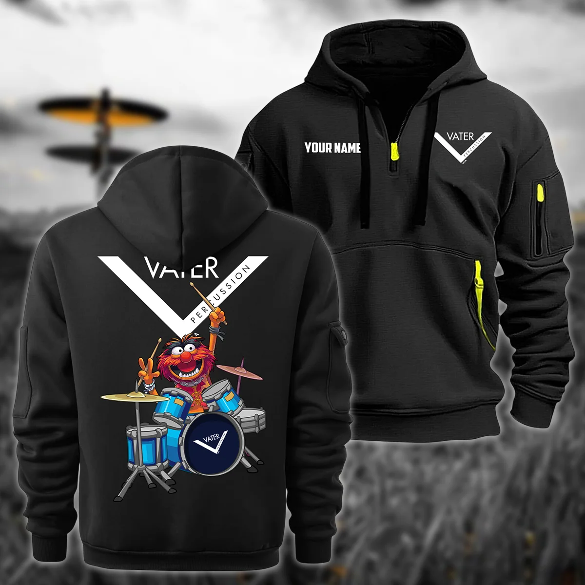 Vater Drums Exclusive Logo - Personalized Hoodie Half Zipper QTDR210425A4VTR - Black