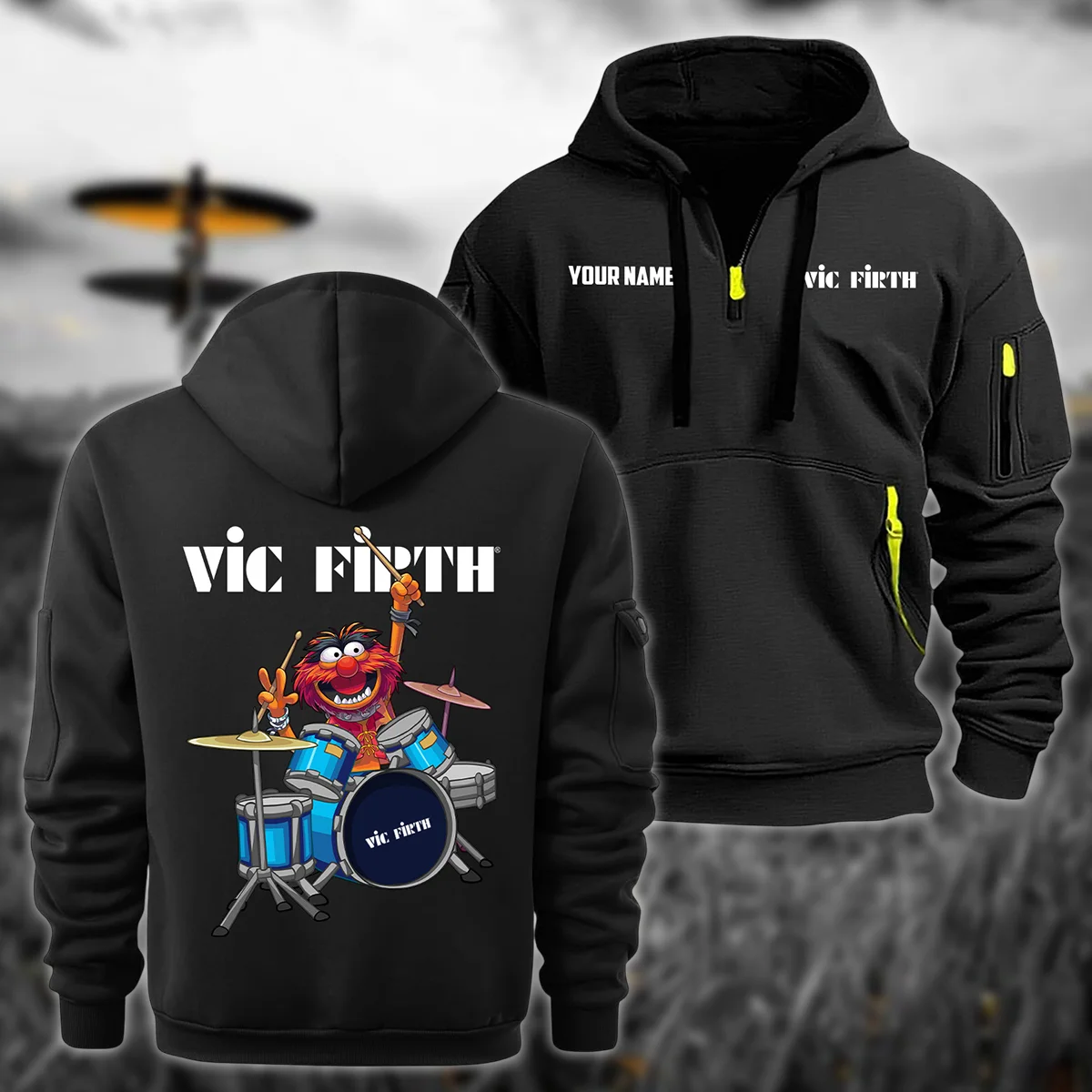 Vic Firth Drums Exclusive Logo - Personalized Hoodie Half Zipper QTDR210425A4VF - Black