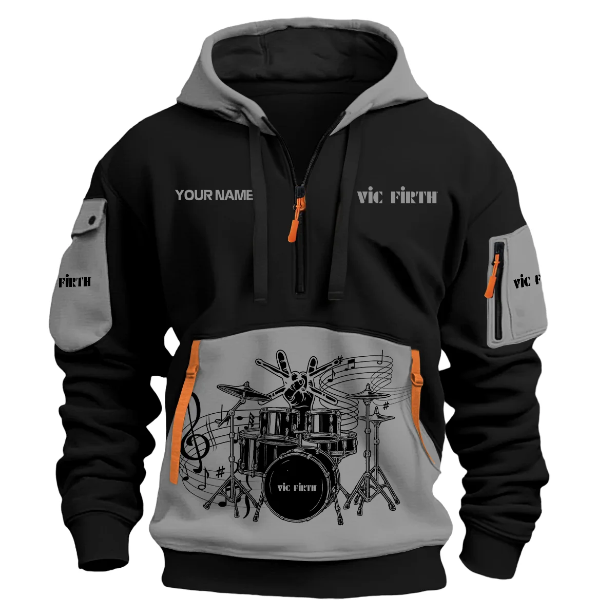 Vic Firth Drums Exclusive Logo - Personalized Hoodie Half Zipper QTDRU260425A1VF - Gray