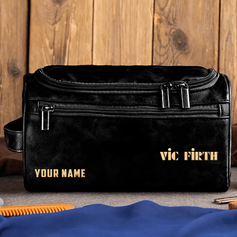 Vic Firth Drums Exclusive Logo - Personalized Leather Toiletry Bag QTDR210425A1VF - Black