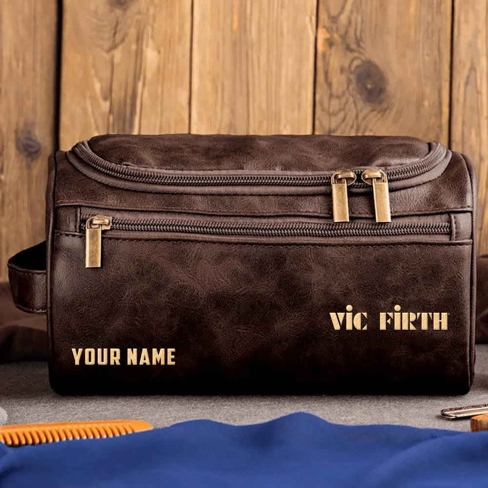 Vic Firth Drums Exclusive Logo - Personalized Leather Toiletry Bag QTDR210425A1VF - Coffee