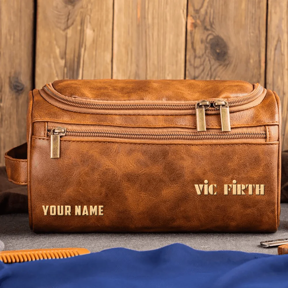 Vic Firth Drums Exclusive Logo - Personalized Leather Toiletry Bag QTDR210425A1VF - Light Brown