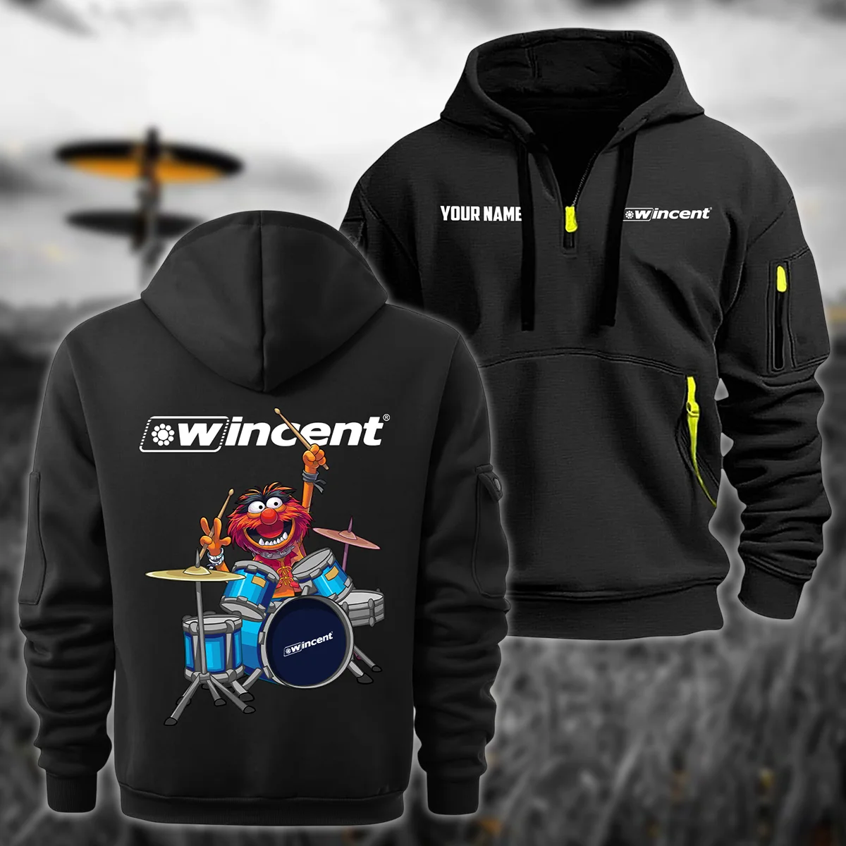 Wincent Drums Exclusive Logo - Personalized Hoodie Half Zipper QTDR210425A4WCT - Black