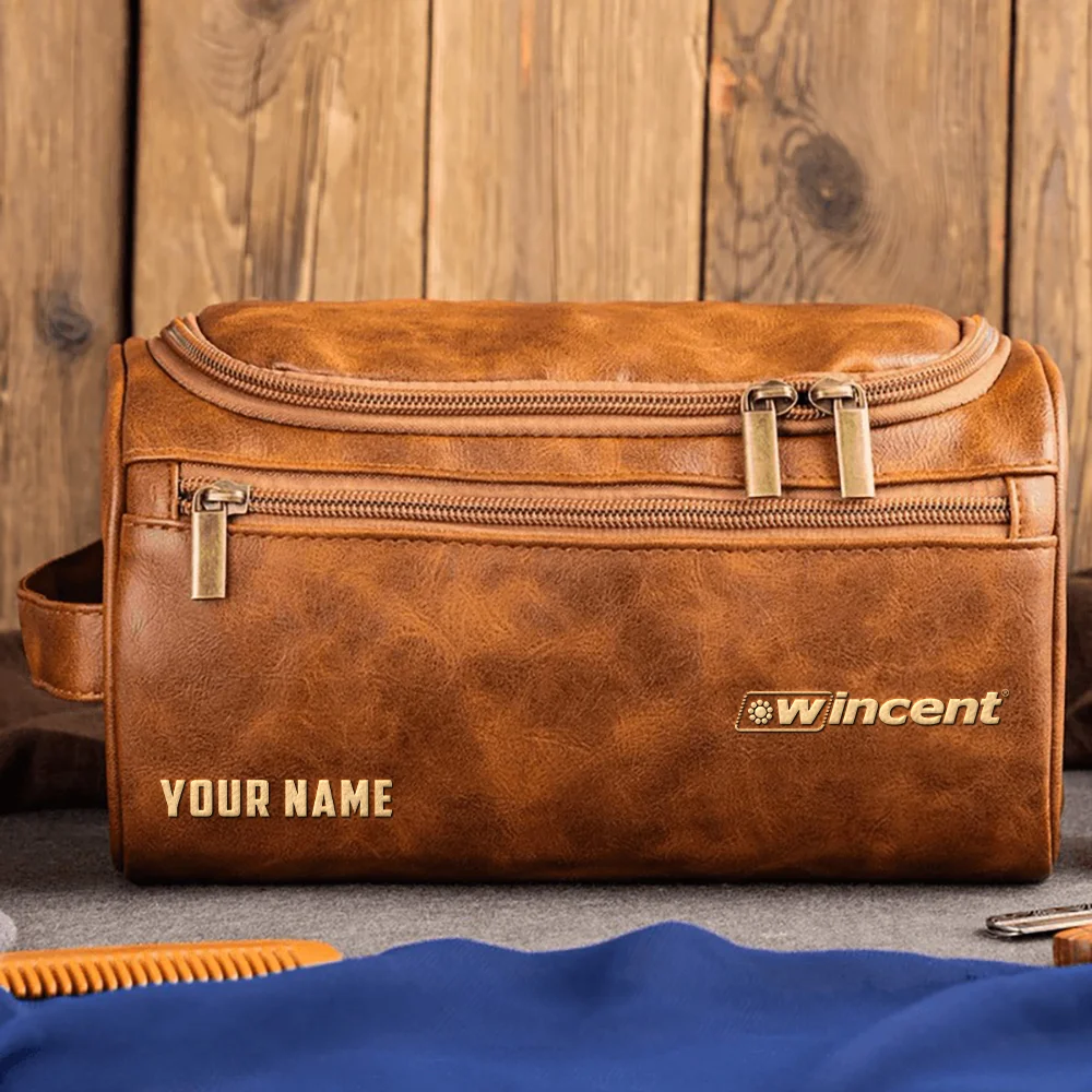 Wincent Drums Exclusive Logo - Personalized Leather Toiletry Bag QTDR210425A1WCT - Light Brown