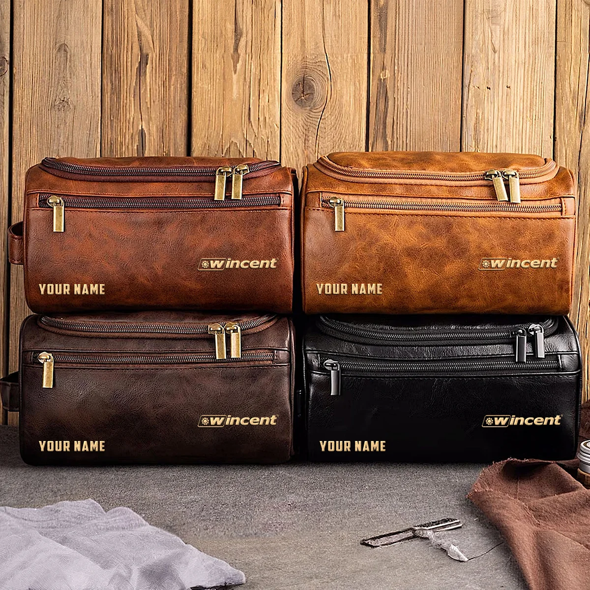 Wincent Drums Exclusive Logo - Personalized Leather Toiletry Bag QTDR210425A1WCT - Light Brown